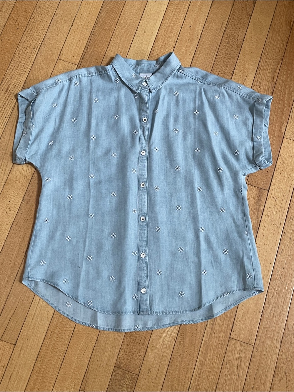 CAbi Light Blue Button-Front Short Sleeve Embroidered Blouse